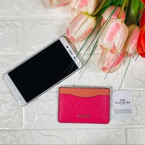 COACH FLAT CARD CASE LEATHER PINK RUBY NWT